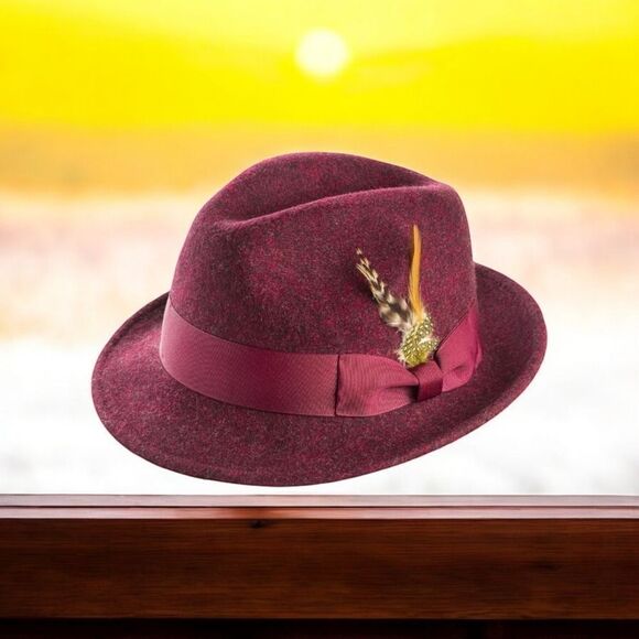 MEN'S MONTIQUE 2" SNAP BRIM CRUSHABLE 100% WOOL FELT FEDORA HAT. H10 WINE. - Picture 1 of 4